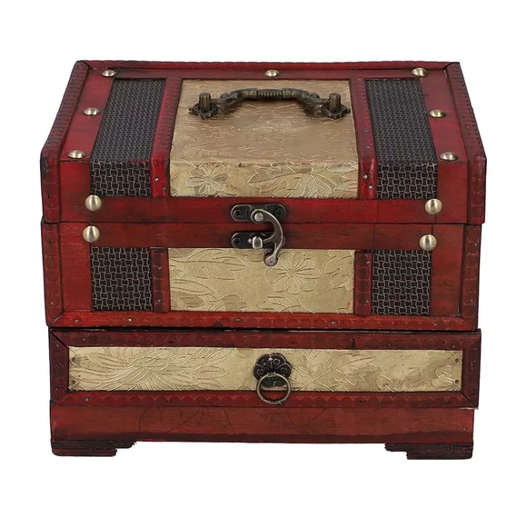 Handcrafted 3 Layer Golden Floral Embossed Pattern Wooden Jewelry Box - Picture 1 of 6
